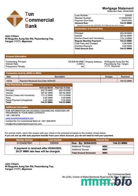 Myanmar Tun Foundation Bank wyciąg z kredytu hipotecznego szablon Word i PDF
